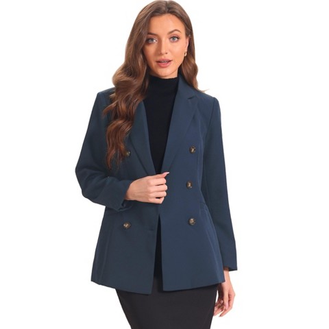 Allegra K Women's Lapel Collar Long Sleeve Shoulder Pads Blazer Dark Blue Medium