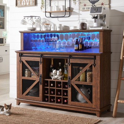 OKD 55" Coffee Bar Cabinet with LED Lights & Sliding Barn Door & Wine and Glass Rack, Wine Bar Cabinet w/Storage Shelves for Dining