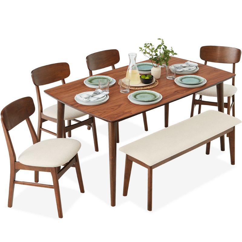 Best Choice Products 6-Piece Mid-Century Modern Dining Set,  Upholstered Wooden Table & Chair Set w/ 4 Chairs, Bench, 1 of 9