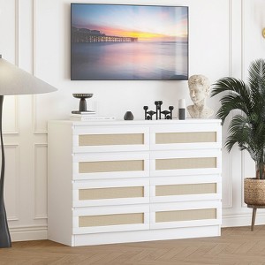 Rattan 8 Drawer Dresser, 47 Inch Modern White Chest of Drawer, Large Wooden Bedroom Dresser with Drawers - 1 of 4