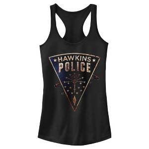 Juniors Womens Stranger Things Hawkins Police Rat Crest Racerback Tank Top - 1 of 4