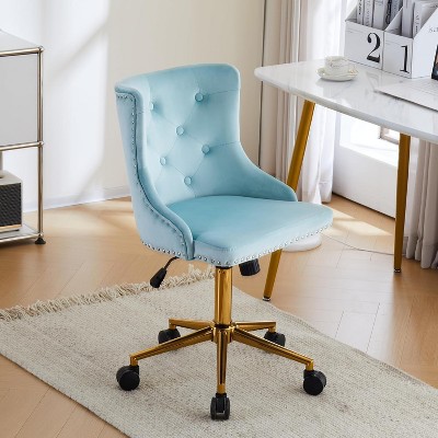 VINGLI Armless Home Office Desk Chair with Gold Base/Wheels, Vanity/Makeup Chair with Back for Bedroom, Rolling Swivel Nail Chair