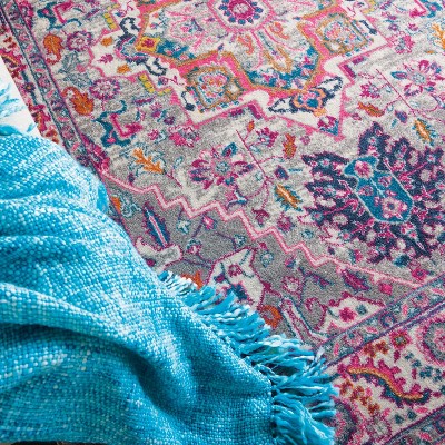 Light Grey and Pink Geometric Medallion Area Rug