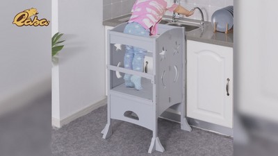 Natural Pine Foldable Wooden Kids Kitchen Step Stool with Safety Rails