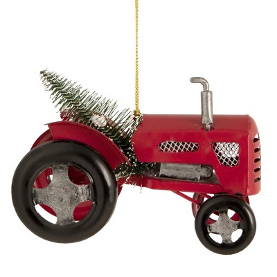 Northlight Metal Tractor with Frosted Tree Christmas Ornament - 3" - Red and Silver