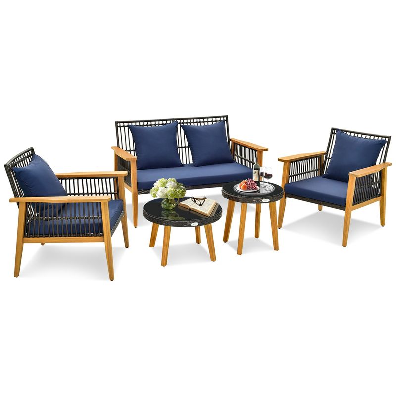 Costway 5PCS Outdoor Rattan Woven Conversation Set Stable Acacia Wood Frame for Backyard Navy/Beige, 2 of 11