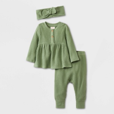 Baby Girls' 3pc Cozy Brushed Waffle Top & Bottom Set - Cat & Jack™ Sage Green 0-3M