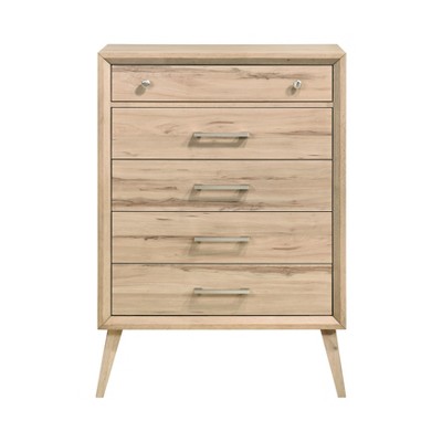 Mid-Century Modern Design Natural Oak Finish Chest of 5 Drawers Nickel Tone Classic Style Bedroom Furniture 1pc