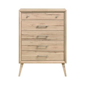 Mid-Century Modern Design Natural Oak Finish Chest of 5 Drawers Nickel Tone Classic Style Bedroom Furniture 1pc - 1 of 4