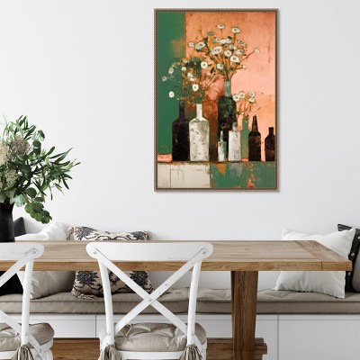 Botanic-Inspired Framed Canvas Wall Art with Weathered Embellishment