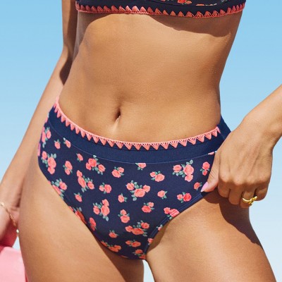 Women's Navy Floral Pom-Pom Trim Bikini Bottoms -Cupshe