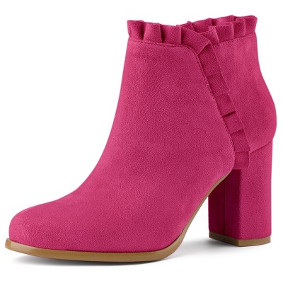 BLISSFUL STEP Women's Back to College Party Ruffle Pointed Toe Block Heel Ankle Boots