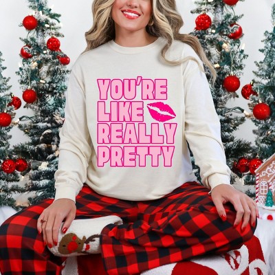 Simply Sage Market You're Like Really Pretty Lips Garment Dyed Long Sleeve - L - Ivory