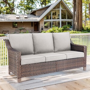 POCASSY Wicker Outdoor Couch, Brown Wicker Sofa Outdoor Furniture with All Weather Rattan and Olefin Cushion for Porch Balcony - 1 of 4