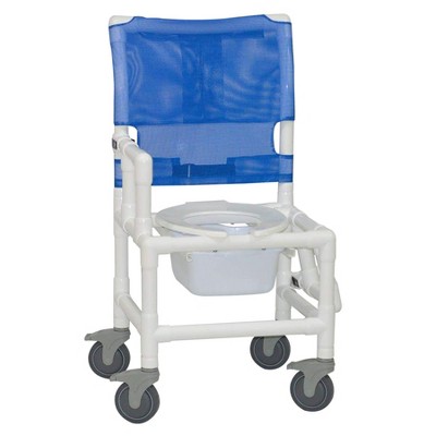 MJM International Corporation Shower Chair 18 In Width Seat 5 In Total Locking Casters Dual Drop Arms Drop Down 10 Qt Commode Pail 300 Lbs Wt