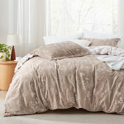Bedsure | 2/3 Pcs Floral Printed Reversible Sage Green Comforter Set Queen Size Soft Designed Plants Pattern Bedding Set