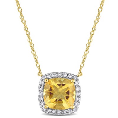 EVERLY JEWELRY | 10K Yellow Gold 1 1/3 CT TGW Cushion Citrine and 1/8 CT TW Diamond Halo Necklace - 17 inch