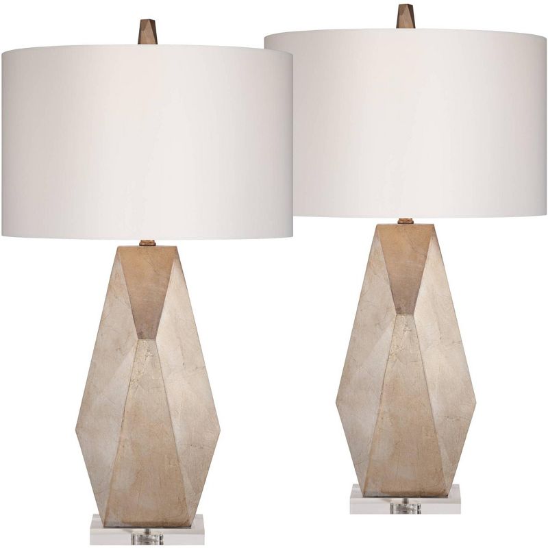 Possini Euro Design 32 1/2" Tall Geometric Mid Century Modern Glam End Table Lamps Set of 2 Champagne Gold Living Room Bedroom Off-White Shade, 1 of 10