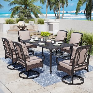Captiva Designs 7pc Patio Dining Set with Slat-top Steel Table & Rattan Metal Chairs with Removable Cushions - 1 of 4