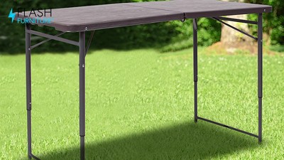 Adjustable Gray Metal and Brown Plastic Bi-Fold Portable Table