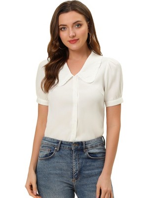 Allegra K Women's Chambray Peter Pan Collar Puff Sleeve Vintage Blouse