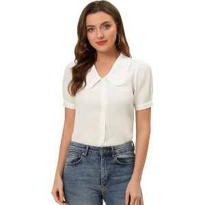 Allegra K Women's Chambray Peter Pan Collar Puff Sleeve Vintage Blouse - 1 of 4