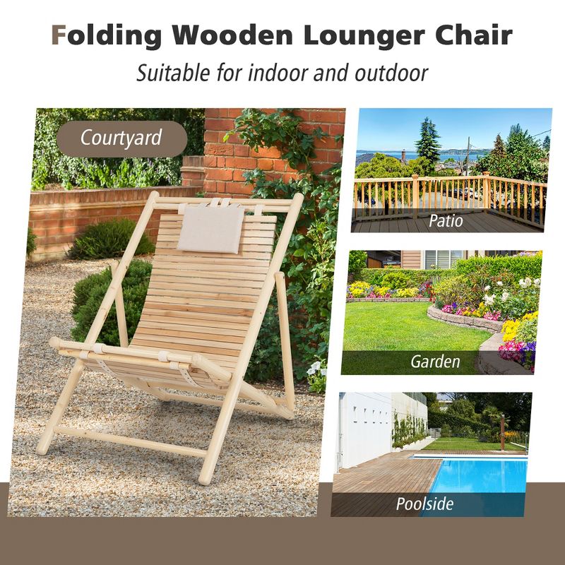 Costway Patio Outdoor Adjustable Folding Wood Sling Chair Reclining Lounge Assembly Free, 5 of 10