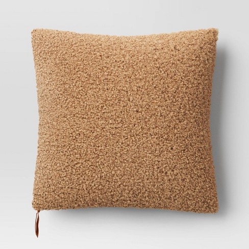 Off White Boucle Brown Faux Leather Throw Pillow Cover