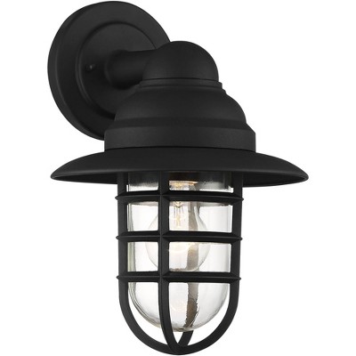 John Timberland Industrial Farmhouse Outdoor Barn Light Fixture Black 13" Hood Cage Clear Glass Exterior House Porch Patio Home