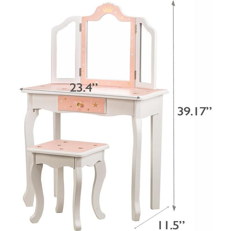 Trinity 2-in-1 Princess Vanity  Set ,Princess Makeup Table with Mirror, Stool, Tri-Folding Mirror & Drawer ,Pretend Play Dressing Table for Toddler Girls, 4 of 7