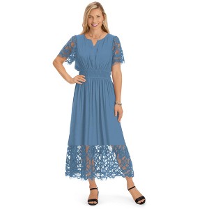 Collections Etc Lace Detail Sleeve & Border V-Neck Smocked Waist Dress - 1 of 4