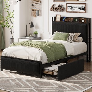 Twin Size Bed Frame with 2 Storage Drawers & Charging Station, Rustic Linen Upholstered Platform Bed with Storage Headboard, Heavy Duty - 1 of 4
