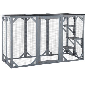 Skyzone Weatherproof Wooden Catio Enclosure with 3 Platforms, 71"x32"x44" Outdoor Cat Cage, Gray - 1 of 4