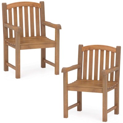 Costway 2 PCS Teak Wood Patio Dining Chair Outdoor Armchair with Slatted Seat & Solid Legs