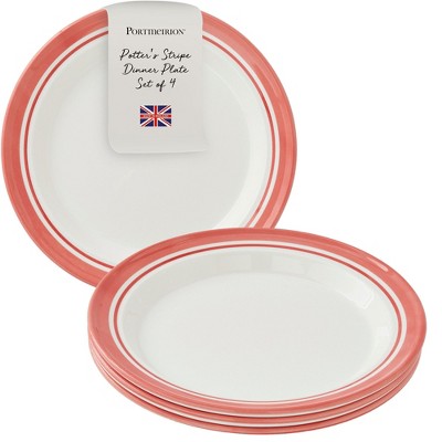 Portmeirion Potter's Stripe Dinner Plate, Set of 4, 10.5" Earthenware Stackable Plates with Striped Rim, Ideal Modern Dinnerware - Red