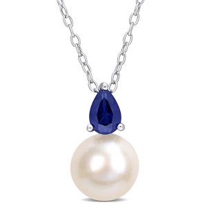 EVERLY JEWELRY | Sterling Silver 8.5-9mm White Cultured Freshwater Pearl and 5/8ct TGW Created Blue Sapphire Solitaire Pendant with Chain, 18" - 1 of 4