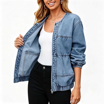 Женские куртки YesFashion Women's Casual Round Neck Denim Jacket, Zip Up Loose Fit Bomber Outerwear Coat Dark blue S — фото 3