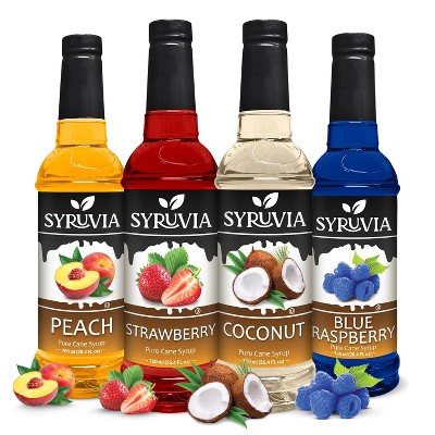 Syruvia Coffee Flavors Variety Pack: Strawberry, Coconut, Peach & Blue Raspberry 25.4 fl oz Syrup