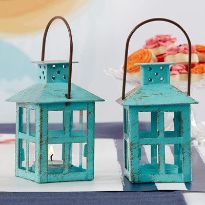 Distressed Blue Iron and Glass Tabletop Candle Lantern