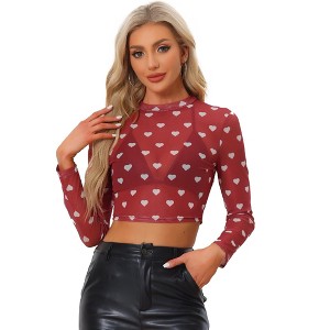 Allegra K Women's Semi-Sheer Party Heart Mesh Crop Top - 1 of 4