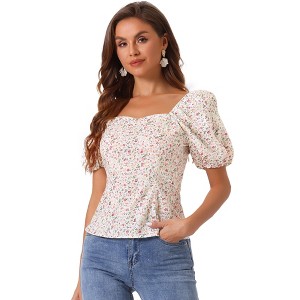 Allegra K Women's Puff Sleeve Square Neck Peasant Floral Blouse - 1 of 4