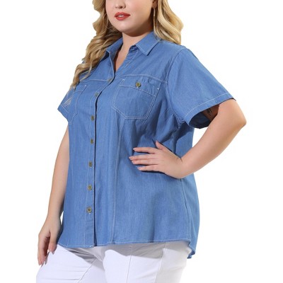 Agnes Orinda Women's Plus Size Short Sleeve V Neck Chest Pocket Solid Button Down Shirts