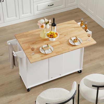 Evita Kitchen Island Table Kitchen Cart with Drop Leaf Countertop, Rolling Wheels, Storage Cabinet and Tower Rack, White