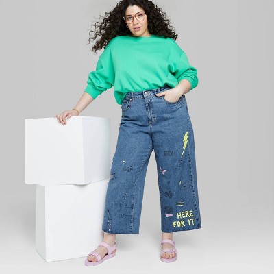 Women's Super-High Rise Wide Leg Cropped Jeans - Wild Fable™ Medium Wash Doodle Print