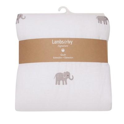 Creamy White Linen Baby Quilt with Gray Elephants