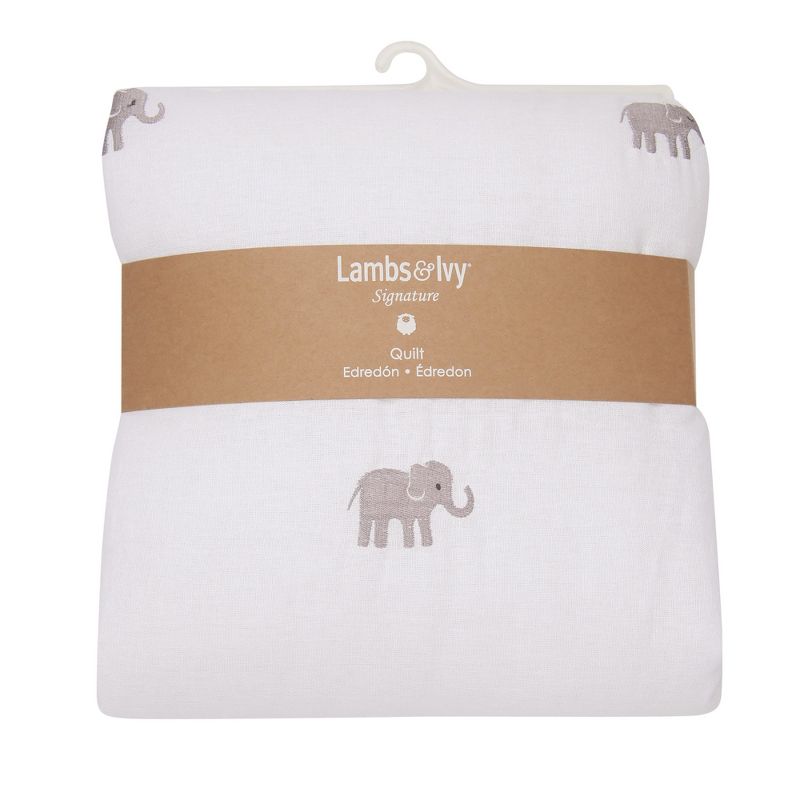 Lambs & Ivy Signature Elephant Creamy White Linen Embroidered Baby Crib Quilt, 3 of 4