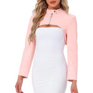 INSPIRE CHIC Women's Faux Leather Cropped Stand Collar Zipper Front Moto Biker Long Sleeve Jacket - 1 of 4