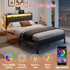 Queen Size bed frame with charging station and LED light gray upholstered headboard two-tier storage shelves no spring mattress required - 4 of 4