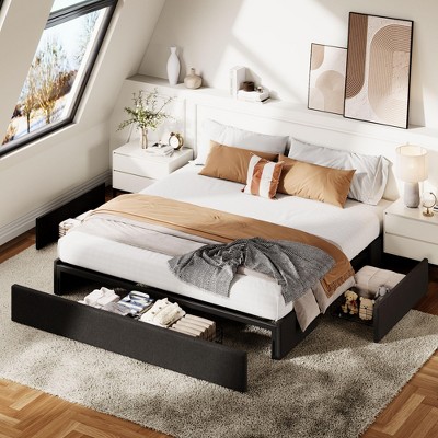 King Bed Frame with 3 Storage Drawers, Fabric Upholstered Platform Bed, Wooden Slats Support, Dark Grey