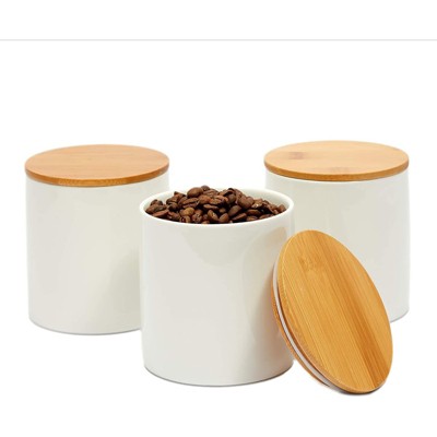 Juvale 3 Pack White Ceramic Canisters with Bamboo Lids for Kitchen Counter, 3.9" x 3.7"
